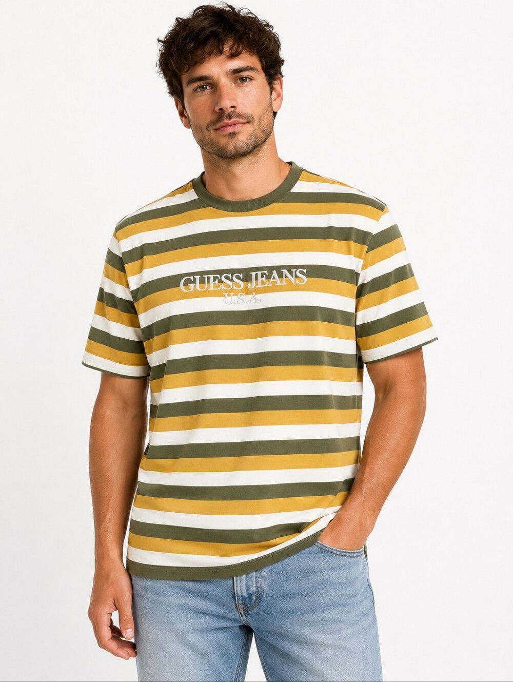 Guess Jeans USA Striped Embroidered Logo T-Shirt Men's Large 100% Cotton